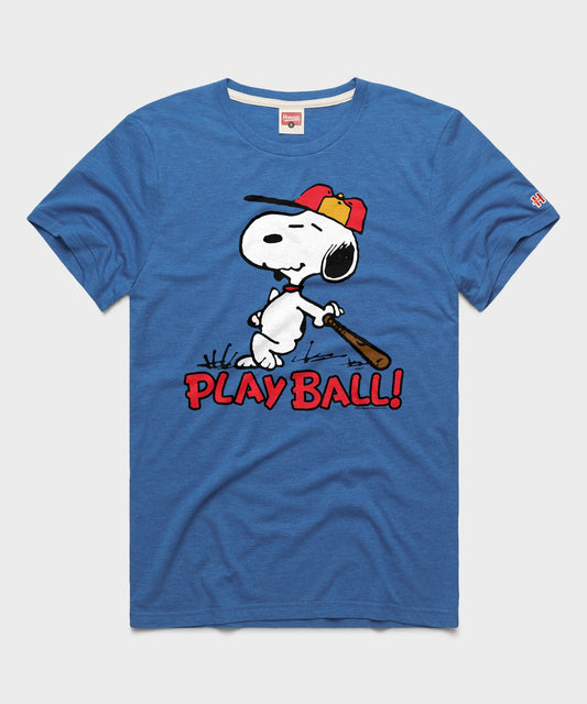 Royal blue short-sleeve crewneck t-shirt featuring Snoopy holding a baseball bat on the front chest-0