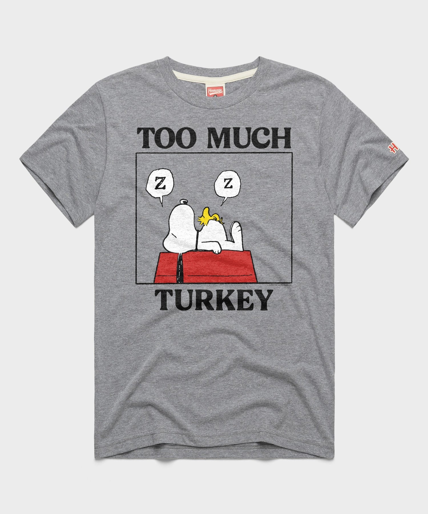 Grey crewneck t-shirt featuring a vintage graphic of Charlie Brown and Snoopy with the text Too Much Turkey on the front
