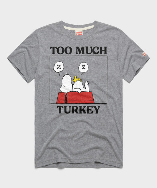 Grey crewneck t-shirt featuring a vintage graphic of Charlie Brown and Snoopy with the text Too Much Turkey on the front-0