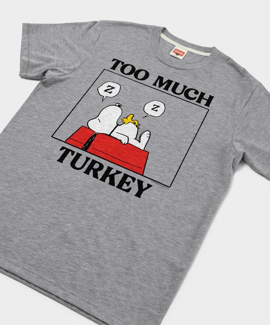 Grey crewneck t-shirt featuring a vintage graphic of Charlie Brown and Snoopy with the text Too Much Turkey on the front-1