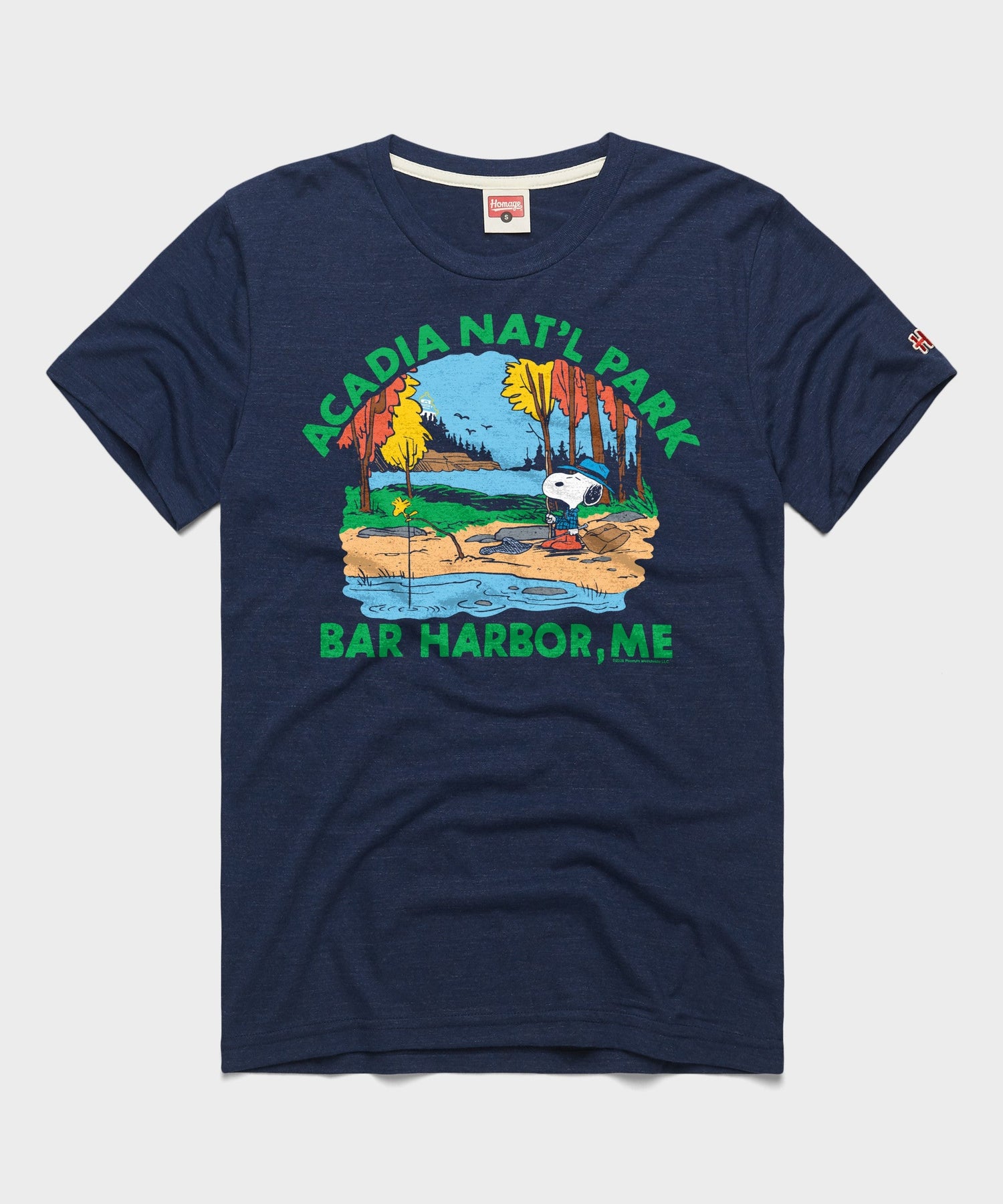 Navy crew-neck t-shirt featuring Snoopy and Acadia National Park graphic centered on the front chest