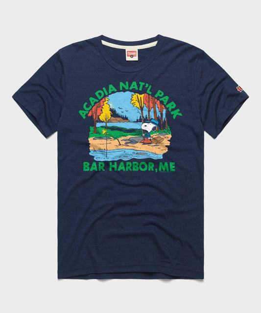 Navy crew-neck t-shirt featuring Snoopy and Acadia National Park graphic centered on the front chest-0
