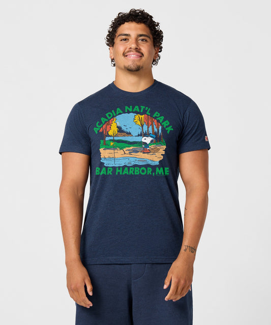 Navy crew-neck t-shirt featuring Snoopy and Acadia National Park graphic centered on the front chest-2