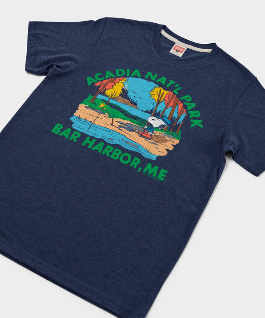 Navy crew-neck t-shirt featuring Snoopy and Acadia National Park graphic centered on the front chest-1