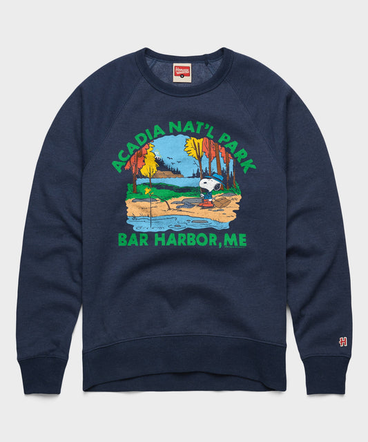 Navy crewneck sweatshirt featuring Snoopy resting against an Acadia National Park design on the front-0