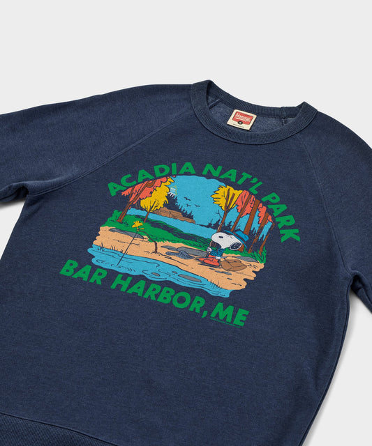 Navy crewneck sweatshirt featuring Snoopy resting against an Acadia National Park design on the front-1