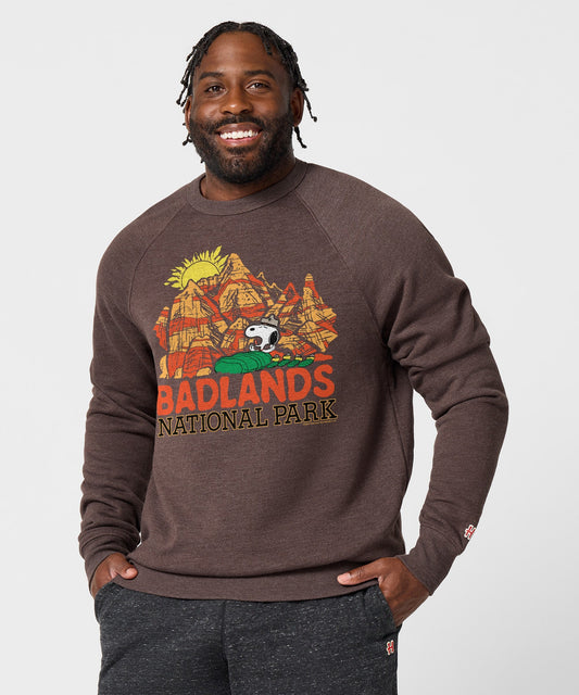 Brown crewneck sweatshirt featuring Snoopy resting in Badlands National Park on the front chest-2