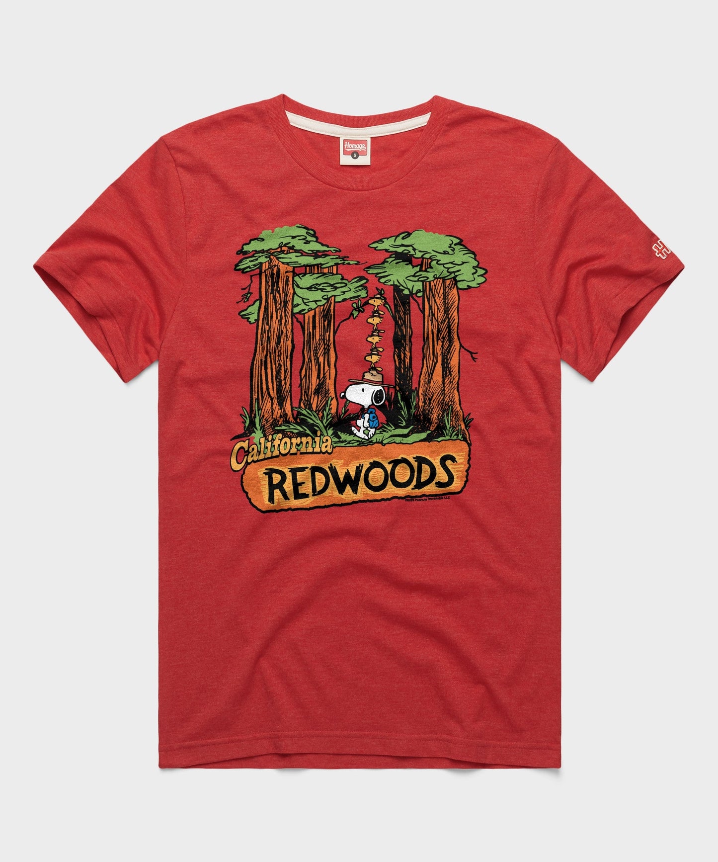 Red crewneck t-shirt featuring Snoopy and California Redwoods graphic on the front chest