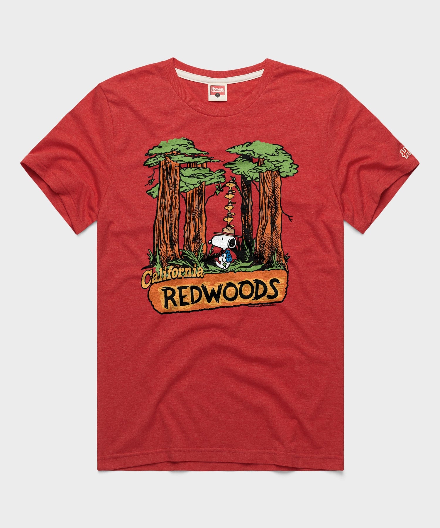 Red crewneck t-shirt featuring Snoopy and California Redwoods graphic on the front chest
