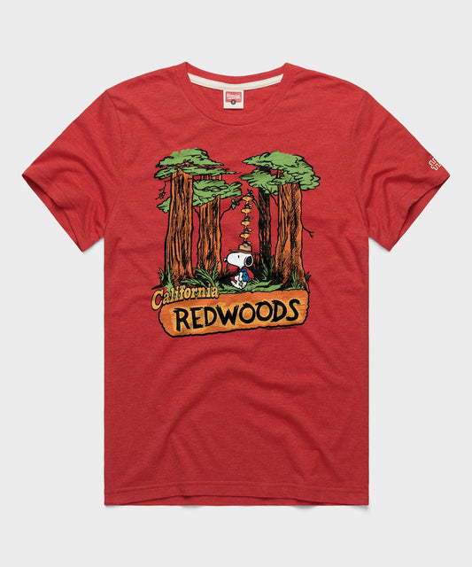 Red crewneck t-shirt featuring Snoopy and California Redwoods graphic on the front chest-0