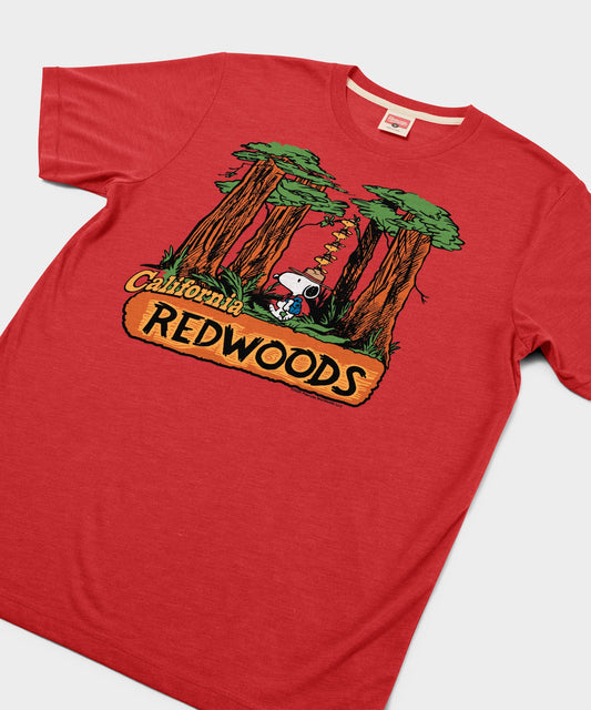 Red crewneck t-shirt featuring Snoopy and California Redwoods graphic on the front chest-1