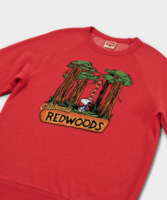 Red crewneck sweatshirt featuring Snoopy and California Redwoods graphic on the front chest-1