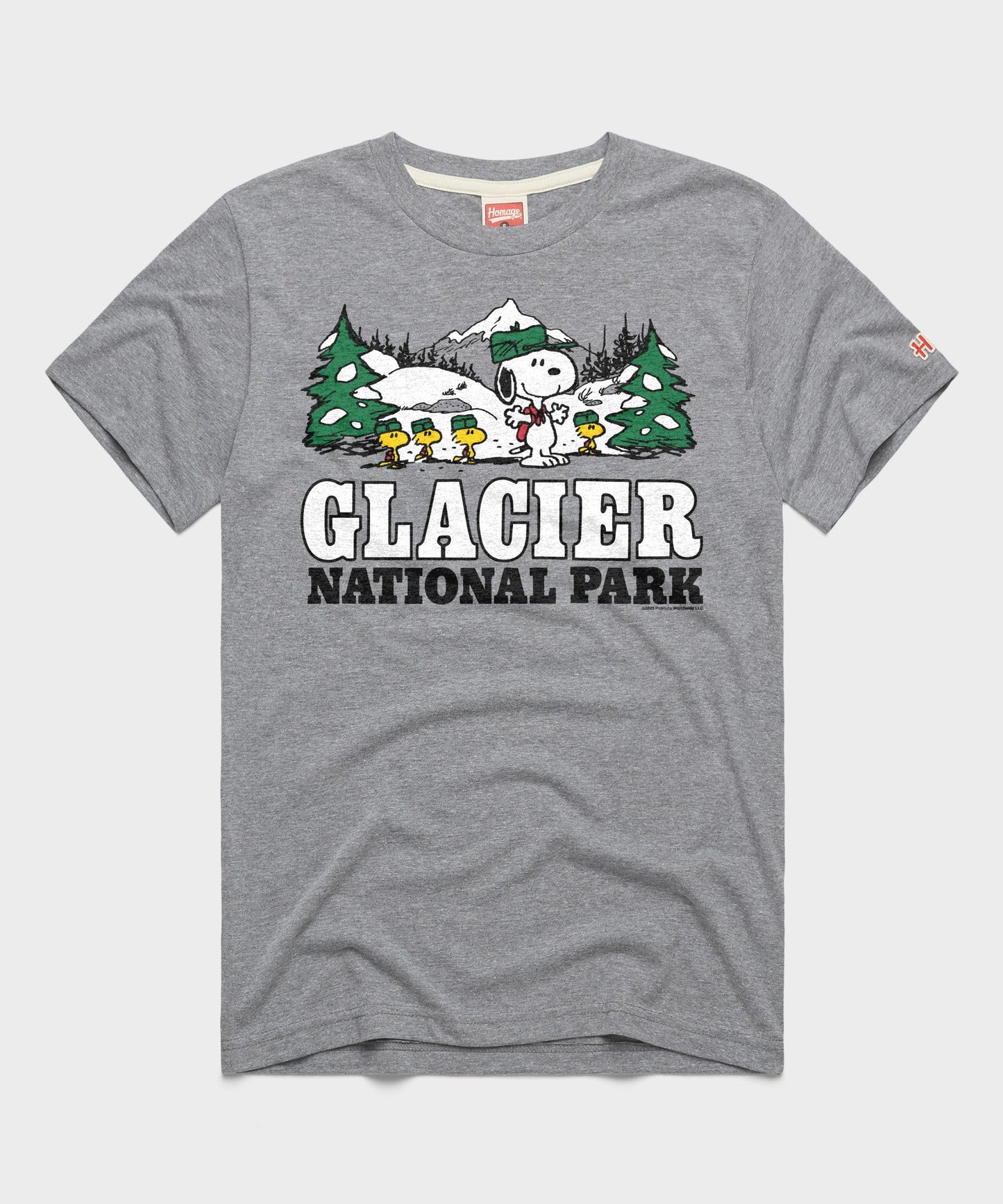 Grey crewneck t-shirt featuring Snoopy and Glacier National Park graphic centered on the chest