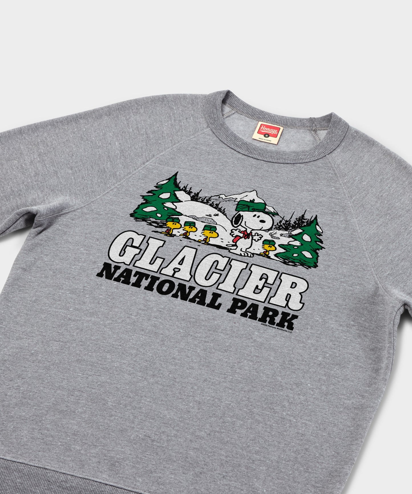 Close-up of the graphic on the gray sweatshirt showing Snoopy in his outdoor gear surrounded by mountain scenery