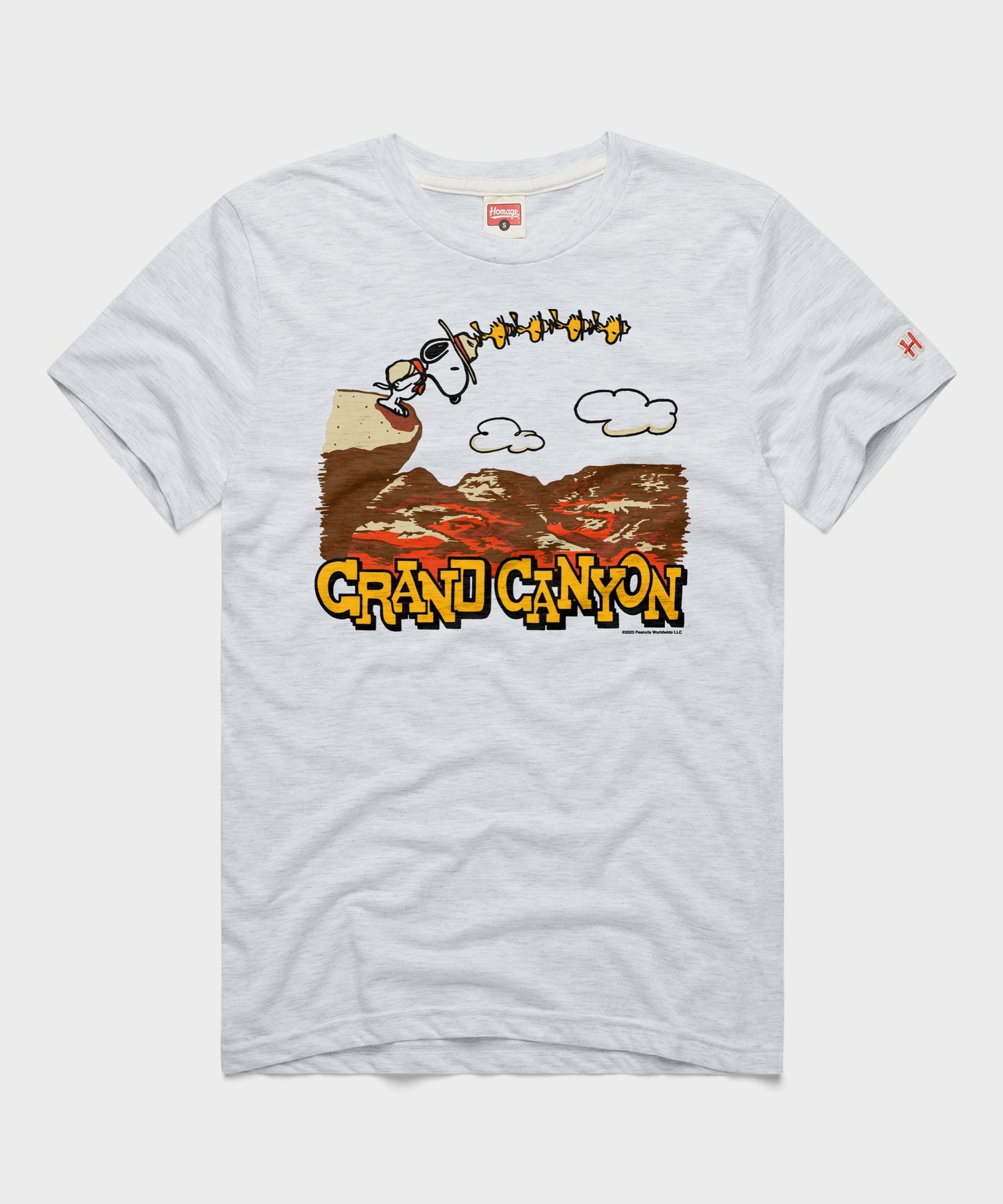Ash gray crewneck t-shirt featuring Snoopy relaxing against a Grand Canyon National Park graphic on the front chest