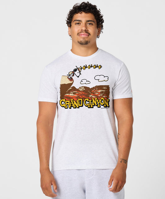 Ash gray crewneck t-shirt featuring Snoopy relaxing against a Grand Canyon National Park graphic on the front chest-2