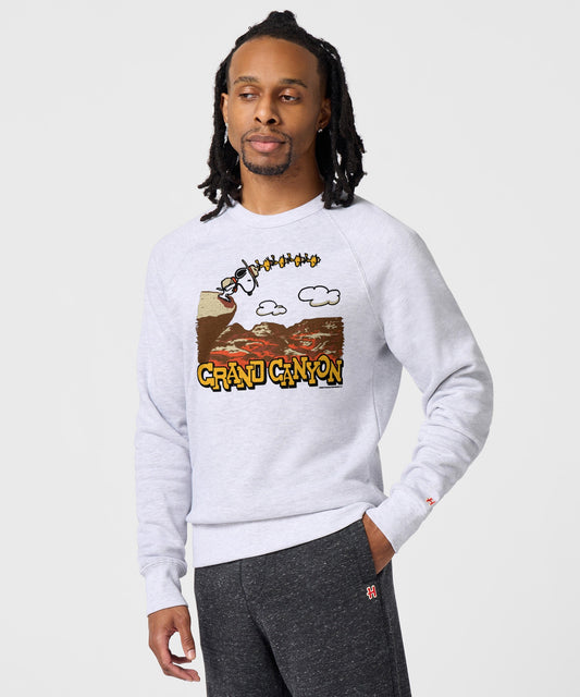 Ash grey crew-neck sweatshirt featuring Snoopy camping in front of Grand Canyon landscapes on the front chest-2