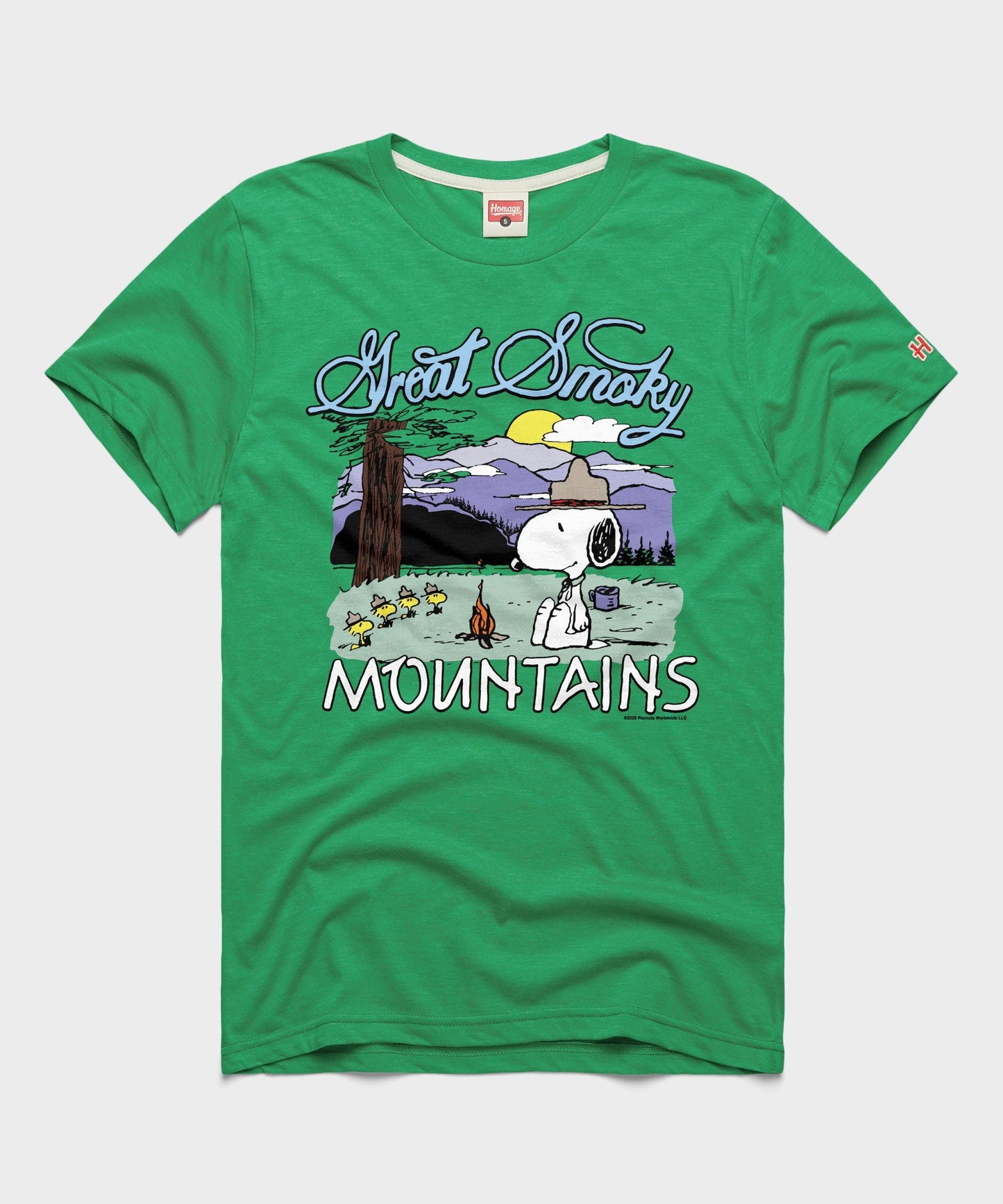 Green t-shirt featuring a Peanuts Great Smoky Mountains National Park graphic printed on the front chest