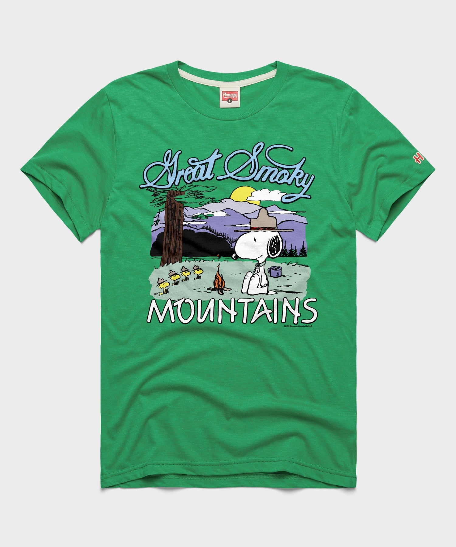 Green t-shirt featuring a Peanuts Great Smoky Mountains National Park graphic printed on the front chest