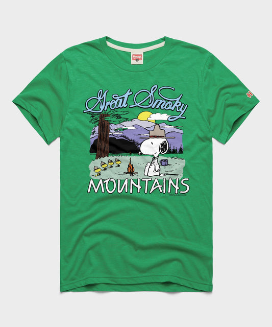 Green t-shirt featuring a Peanuts Great Smoky Mountains National Park graphic printed on the front chest-0