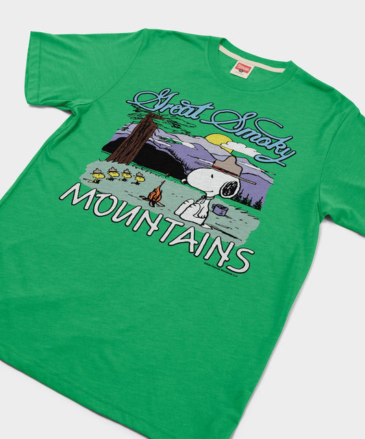 Green t-shirt featuring a Peanuts Great Smoky Mountains National Park graphic printed on the front chest-1