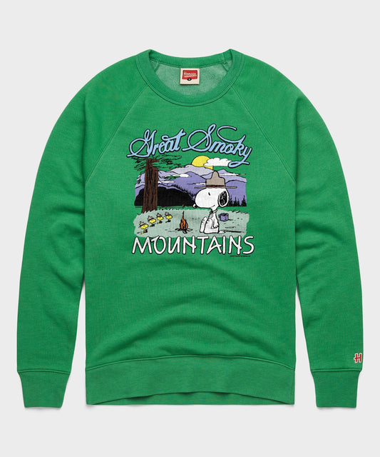 Green crewneck sweatshirt featuring Snoopy and Great Smoky Mountains graphic on the front chest-0