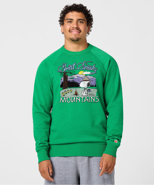 Green crewneck sweatshirt featuring Snoopy and Great Smoky Mountains graphic on the front chest-2