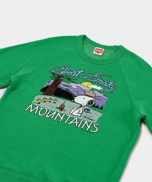 Green crewneck sweatshirt featuring Snoopy and Great Smoky Mountains graphic on the front chest-1