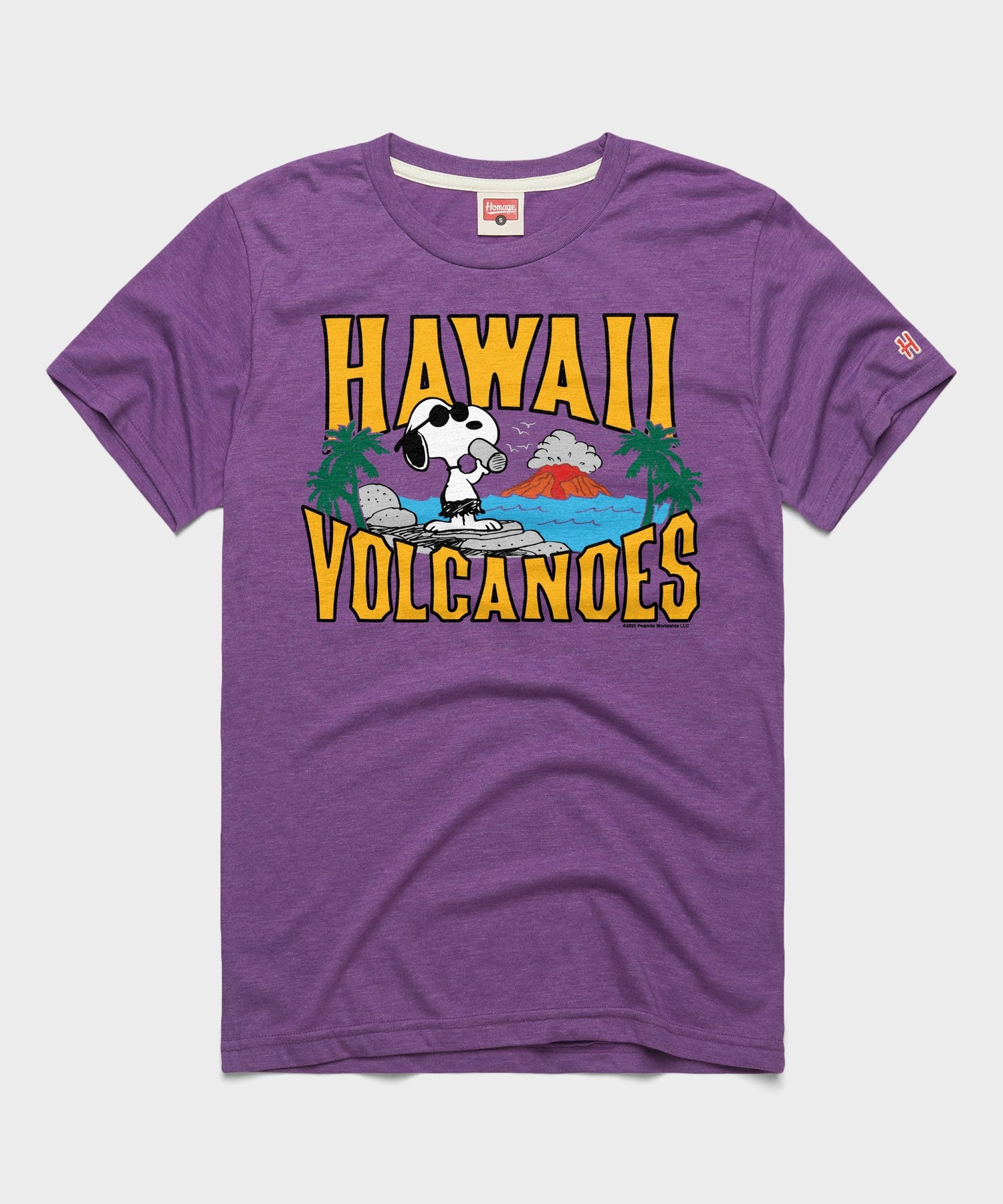 Royal purple t-shirt featuring Snoopy and a Hawaii Volcanoes graphic centered on the chest