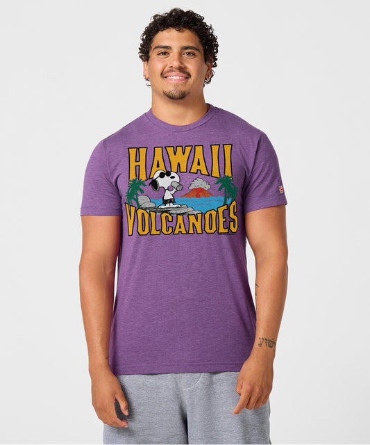 Royal purple unisex t-shirt featuring Snoopy exploring Hawaii Volcanoes National Park on the front chest-2