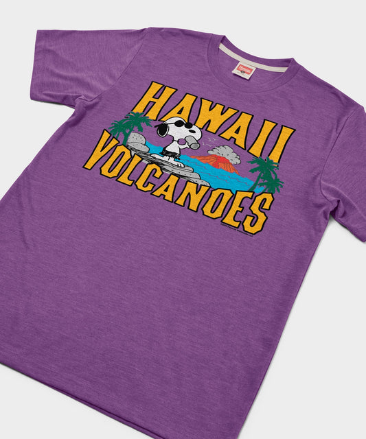 Royal purple unisex t-shirt featuring Snoopy exploring Hawaii Volcanoes National Park on the front chest-1