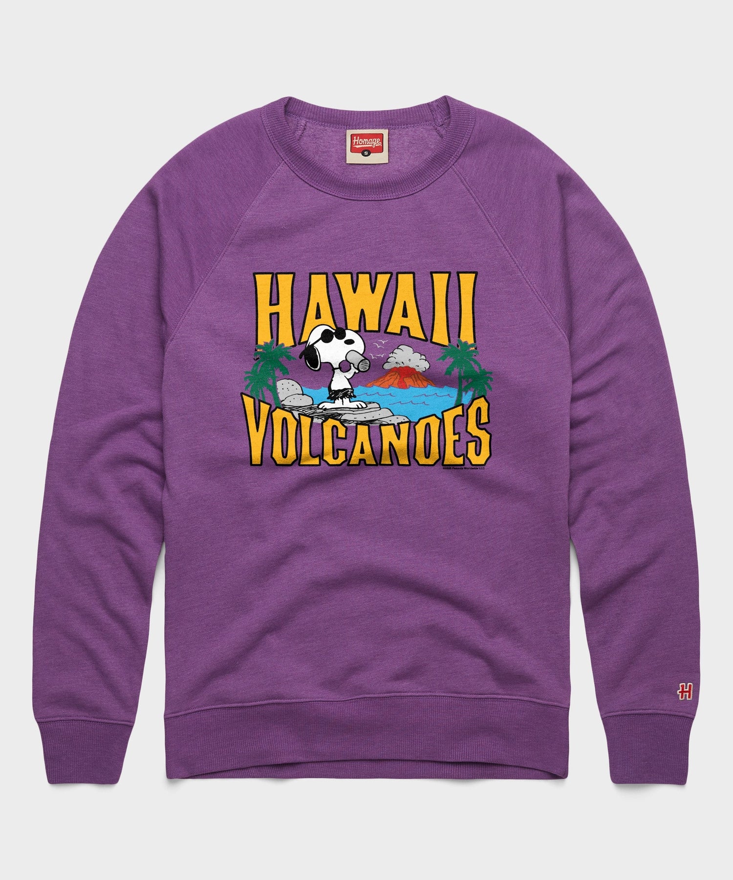 Royal purple crewneck sweatshirt featuring Snoopy exploring Hawaii Volcanoes National Park on the chest