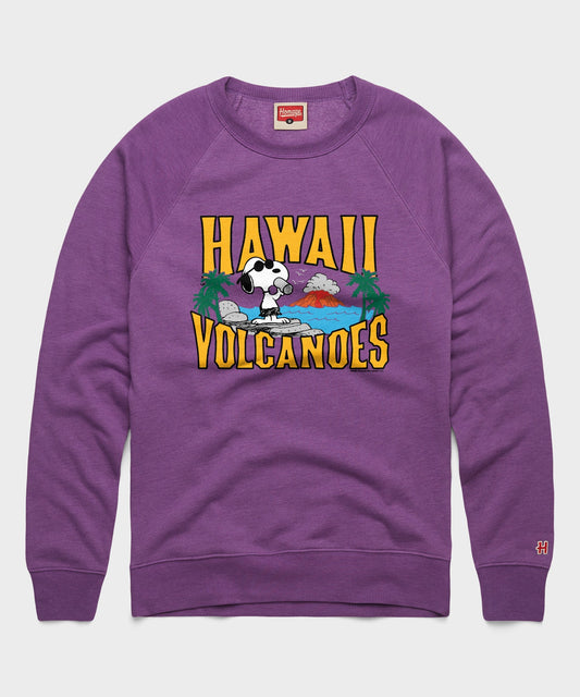 Royal purple crewneck sweatshirt featuring Snoopy exploring Hawaii Volcanoes National Park on the chest-0