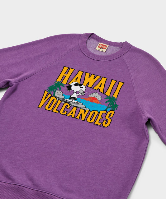 Royal purple crewneck sweatshirt featuring Snoopy exploring Hawaii Volcanoes National Park on the chest-1