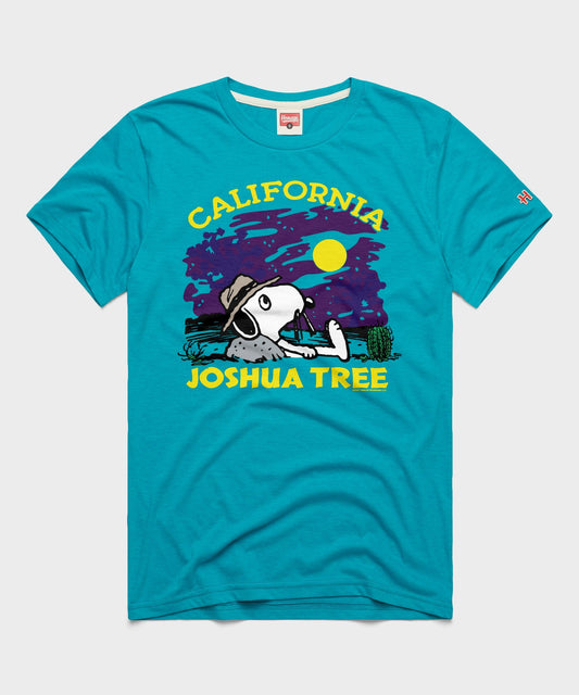 Teal cotton t-shirt with a graphic of Snoopy resting near Joshua Tree National Park on the front chest-0