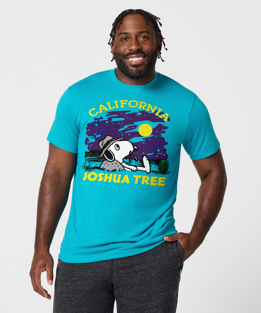 Teal cotton t-shirt with a graphic of Snoopy resting near Joshua Tree National Park on the front chest-2