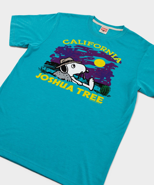 Teal cotton t-shirt with a graphic of Snoopy resting near Joshua Tree National Park on the front chest-1