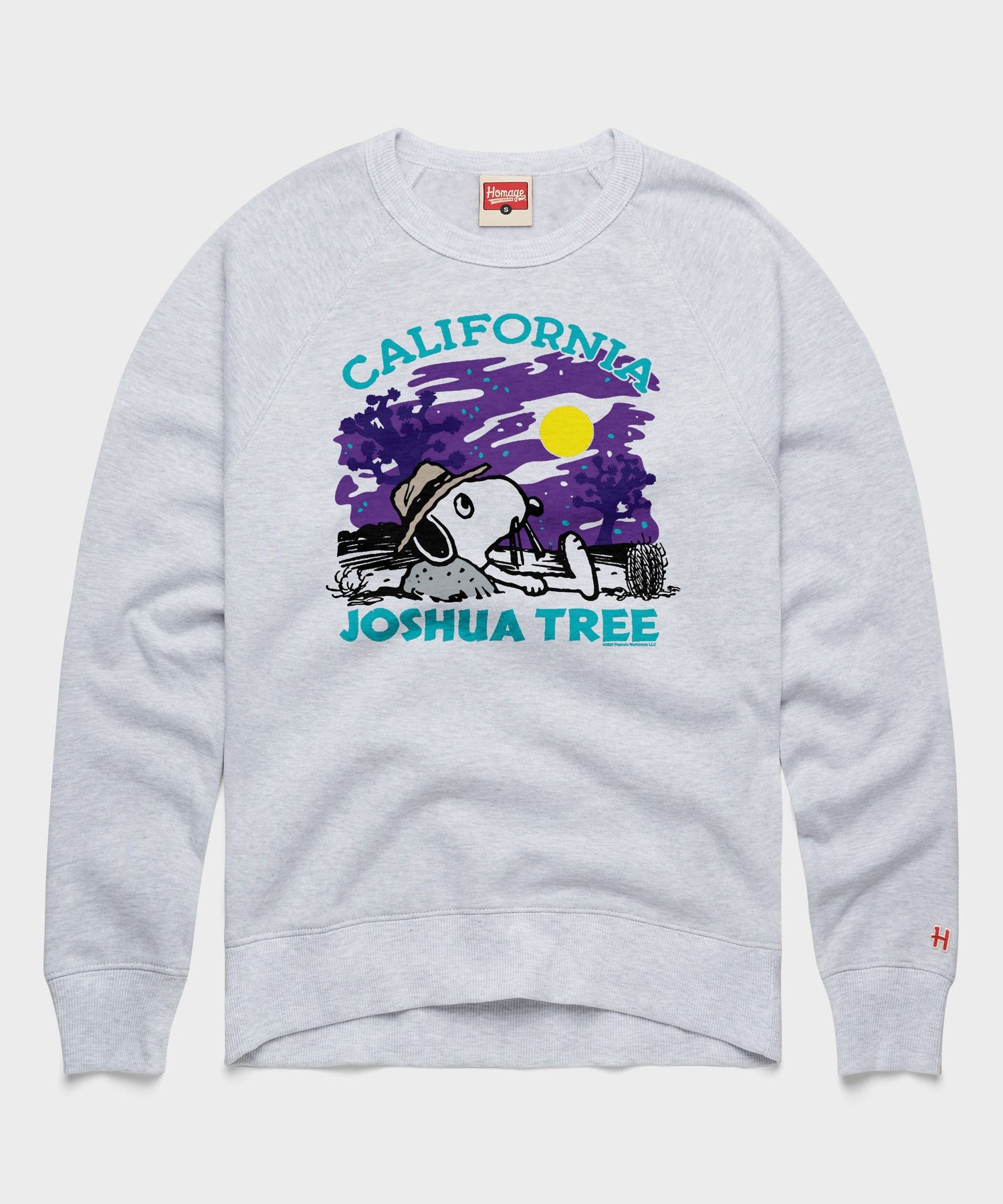 Ash crewneck sweatshirt featuring Snoopy exploring Joshua Tree National Park printed centrally on the front