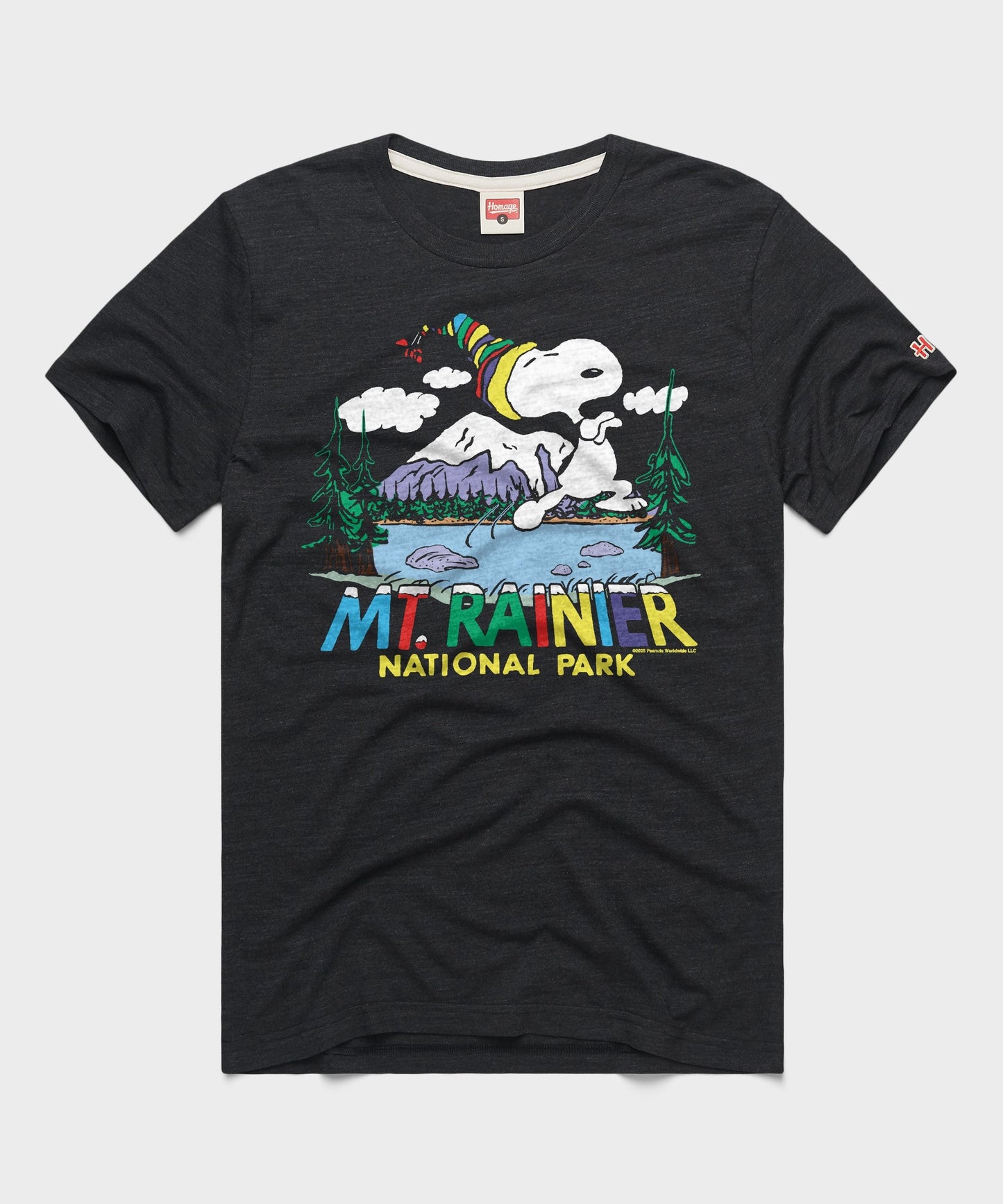 Charcoal t-shirt featuring Snoopy and Mount Rainier graphic on the front chest