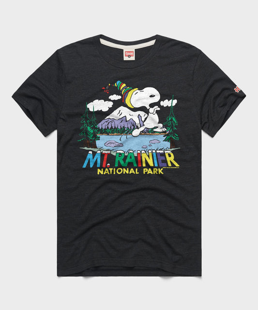 Charcoal t-shirt featuring a vintage graphic of Snoopy exploring Mount Rainier National Park on the front chest-0