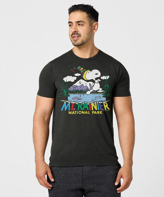 Charcoal t-shirt featuring a vintage graphic of Snoopy exploring Mount Rainier National Park on the front chest-2