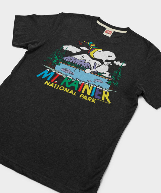 Charcoal t-shirt featuring a vintage graphic of Snoopy exploring Mount Rainier National Park on the front chest-1