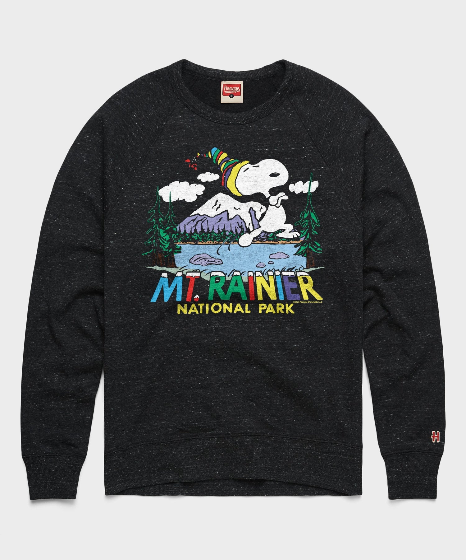 Charcoal crewneck sweatshirt featuring Snoopy and friends against the Mount Rainier National Park landscape on the front chest