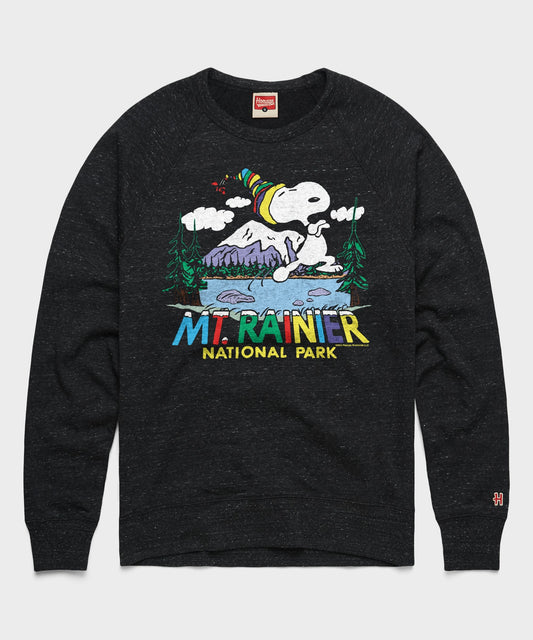 Charcoal crewneck sweatshirt featuring Snoopy and the Peanuts gang exploring Mount Rainier National Park on the front-0