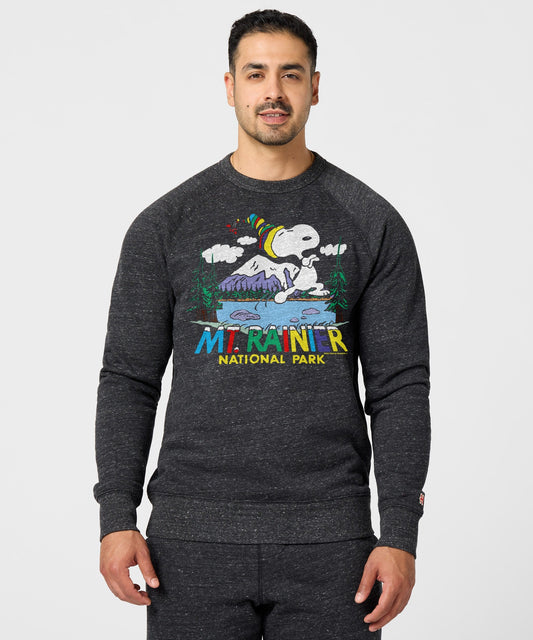 Charcoal crewneck sweatshirt featuring Snoopy and the Peanuts gang exploring Mount Rainier National Park on the front-2