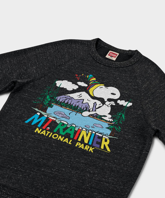 Charcoal crewneck sweatshirt featuring Snoopy and the Peanuts gang exploring Mount Rainier National Park on the front-1