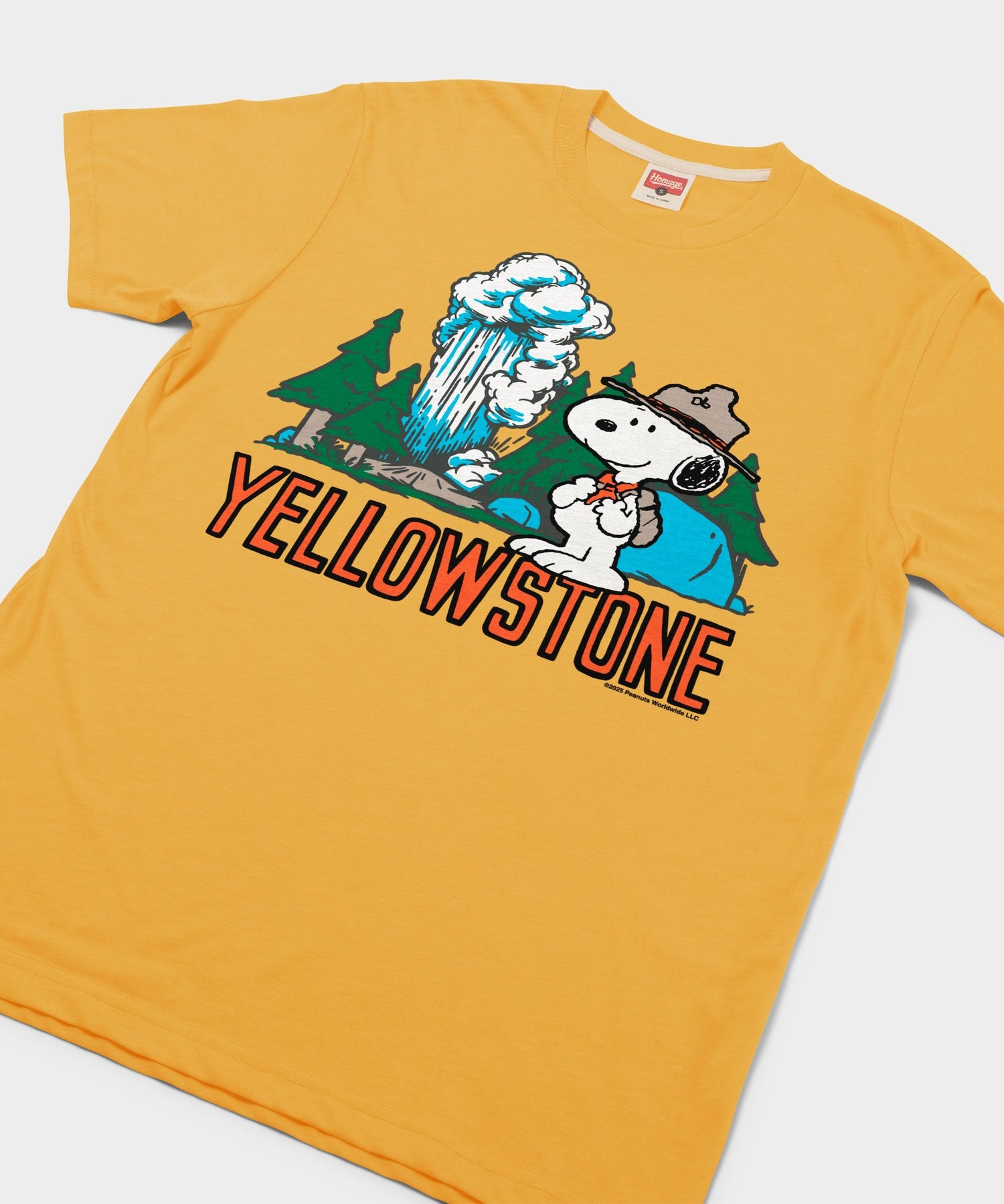 Close-up of the chest graphic showing Snoopy wearing a park ranger hat on a gold background