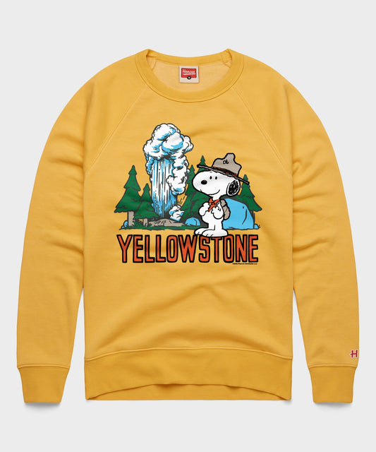 Gold crew-neck sweatshirt featuring Snoopy exploring Yellowstone National Park on the front chest-0