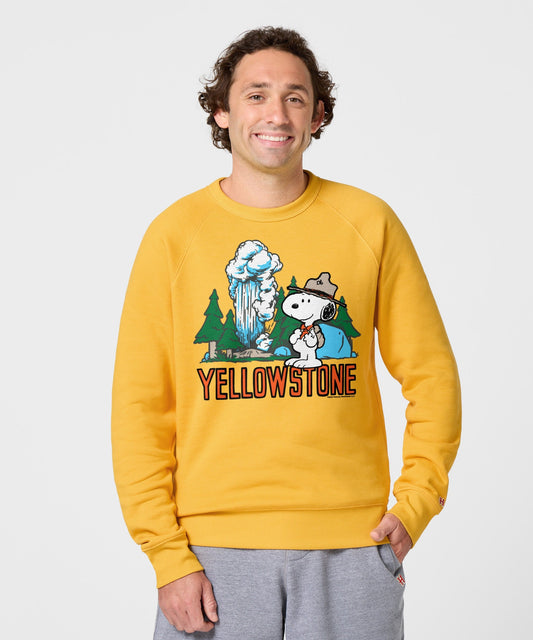 Gold crew-neck sweatshirt featuring Snoopy exploring Yellowstone National Park on the front chest-2