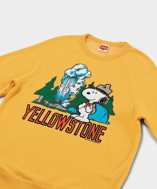 Gold crew-neck sweatshirt featuring Snoopy exploring Yellowstone National Park on the front chest-1